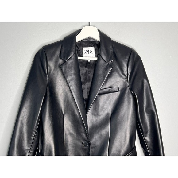 Zara Faux Leather Single Button Belted Blazer Jacket Black Women's Sz XS - Picture 2 of 5
